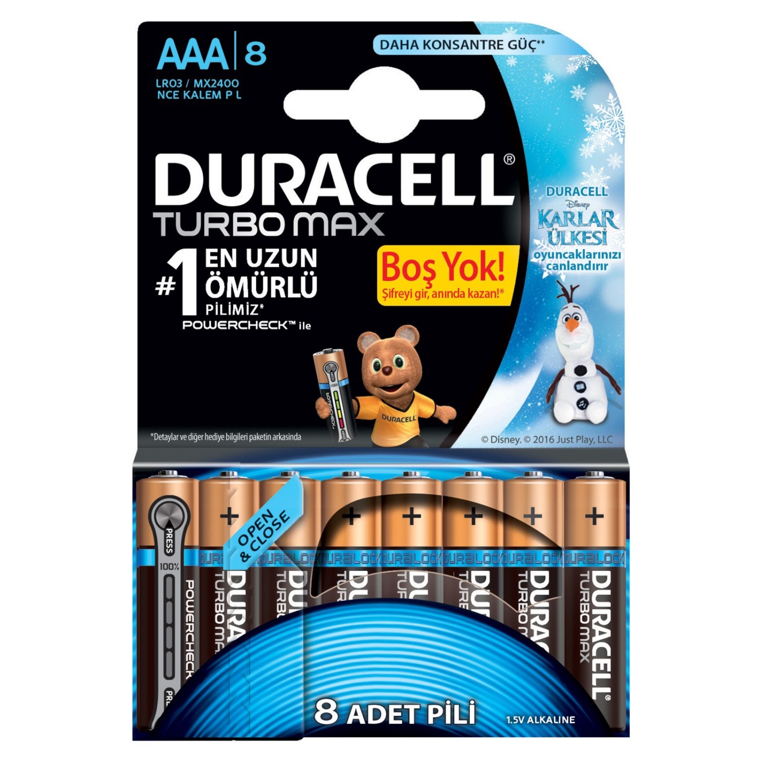 DURACELL ALKALİN TURBOMAX 8&#39;Lİ İNCE KALEM PİL AAA KARLAR ÜLKESİ 1,5 VOLT