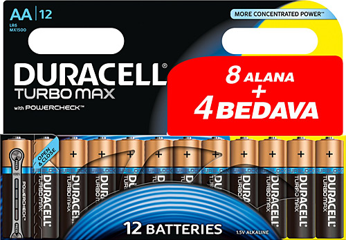DURACELL ALKALİN TURBOMAX MX1500 AA 8 + 4 KALEM PİL 12&#39;Lİ PİL 1,5 VOLT