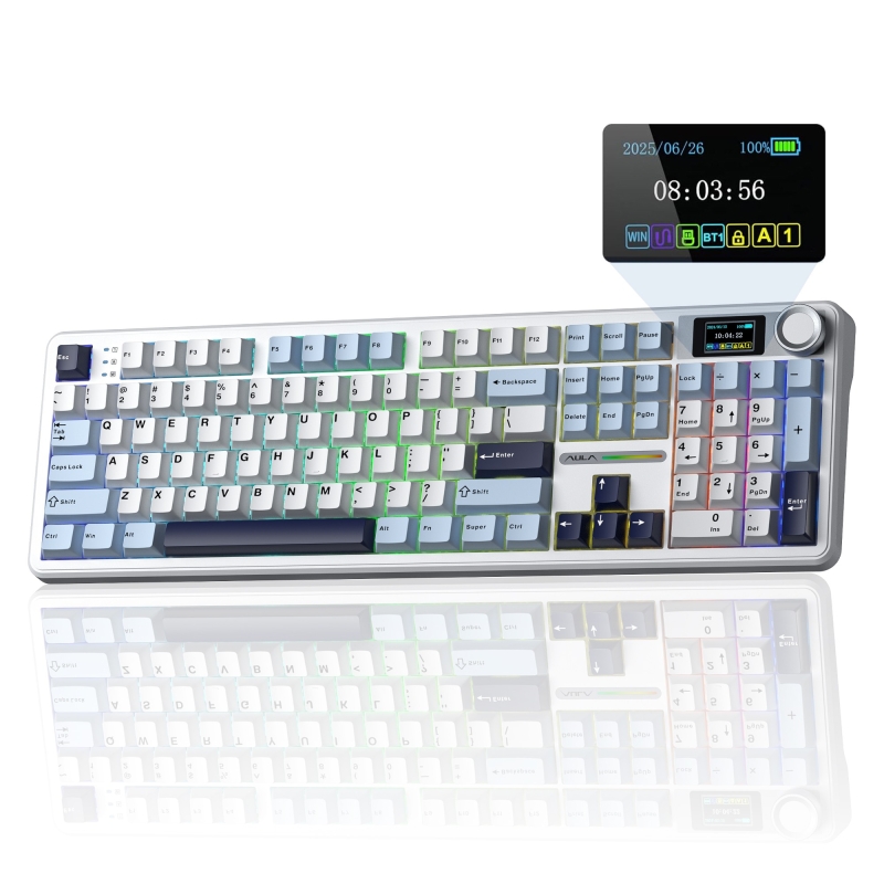 Aula F108 Pro Ekranlı Mekanik Klavye Reaper Switch RGB Hot Swap 8000mAh Makrolu Oyuncu Klavyesi Mavi