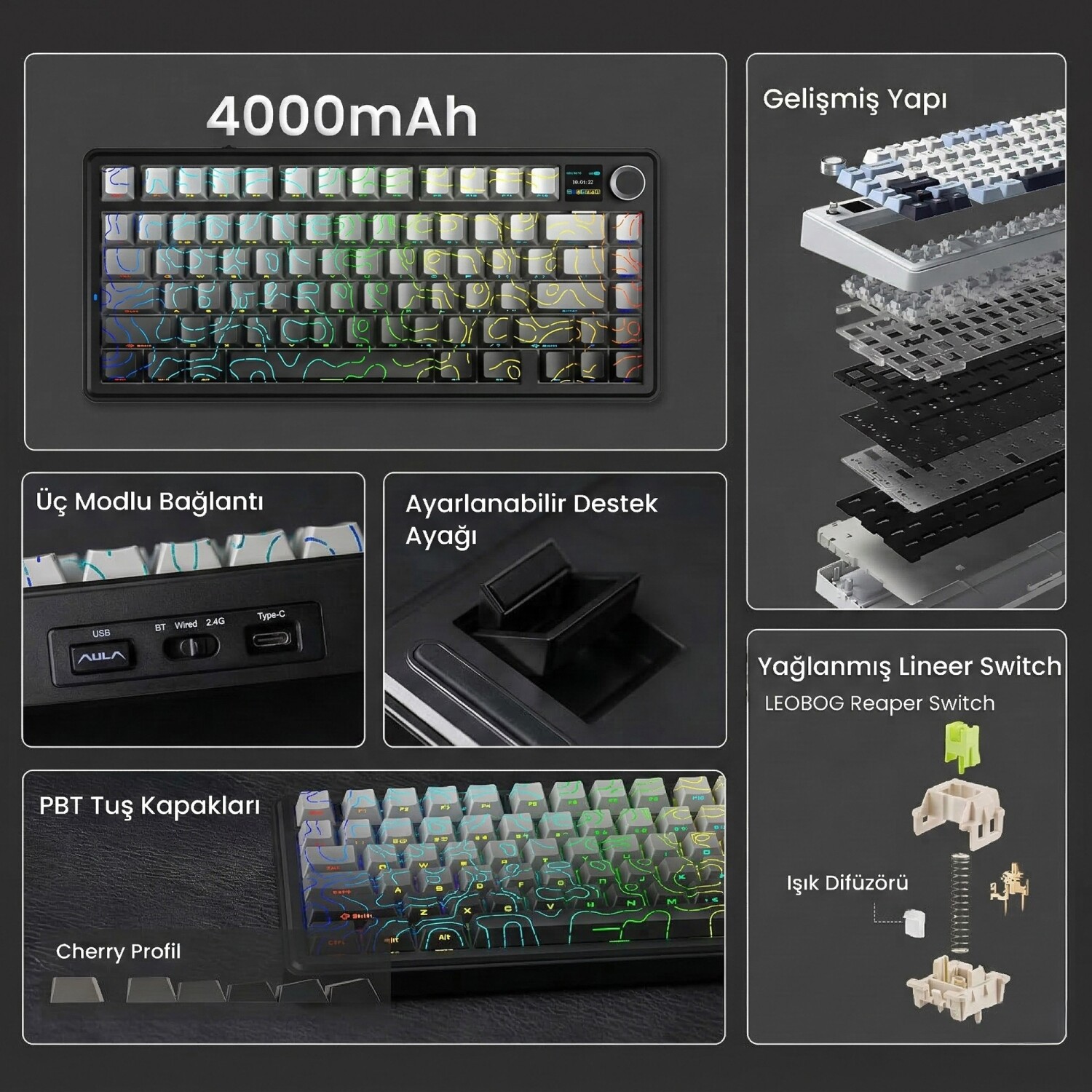Aula F75 Max Mekanik RGB TKL Reaper Switch Kablosuz Makrolu Hot Swap Klavye Desenli Siyah