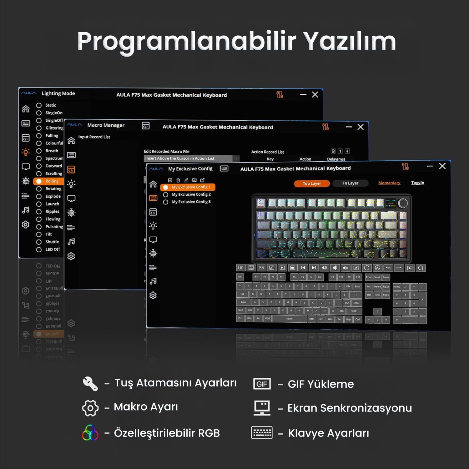 Aula F75 Max Mekanik RGB TKL Reaper Switch Kablosuz Makrolu Hot Swap Klavye Desenli Siyah