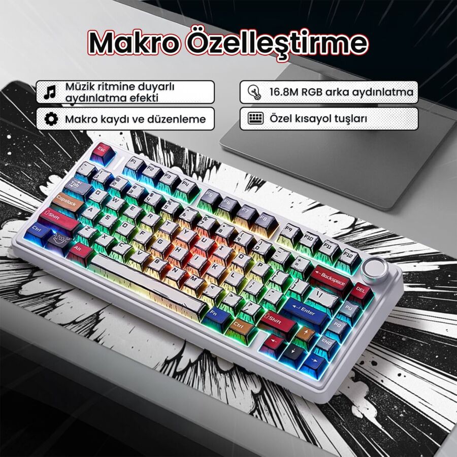 Aula F75 Mekanik Kablosuz Oyuncu Klavyesi RGB TKL Reaper Switch Hot Swap Makrolu Comic Karikatür Tasarım