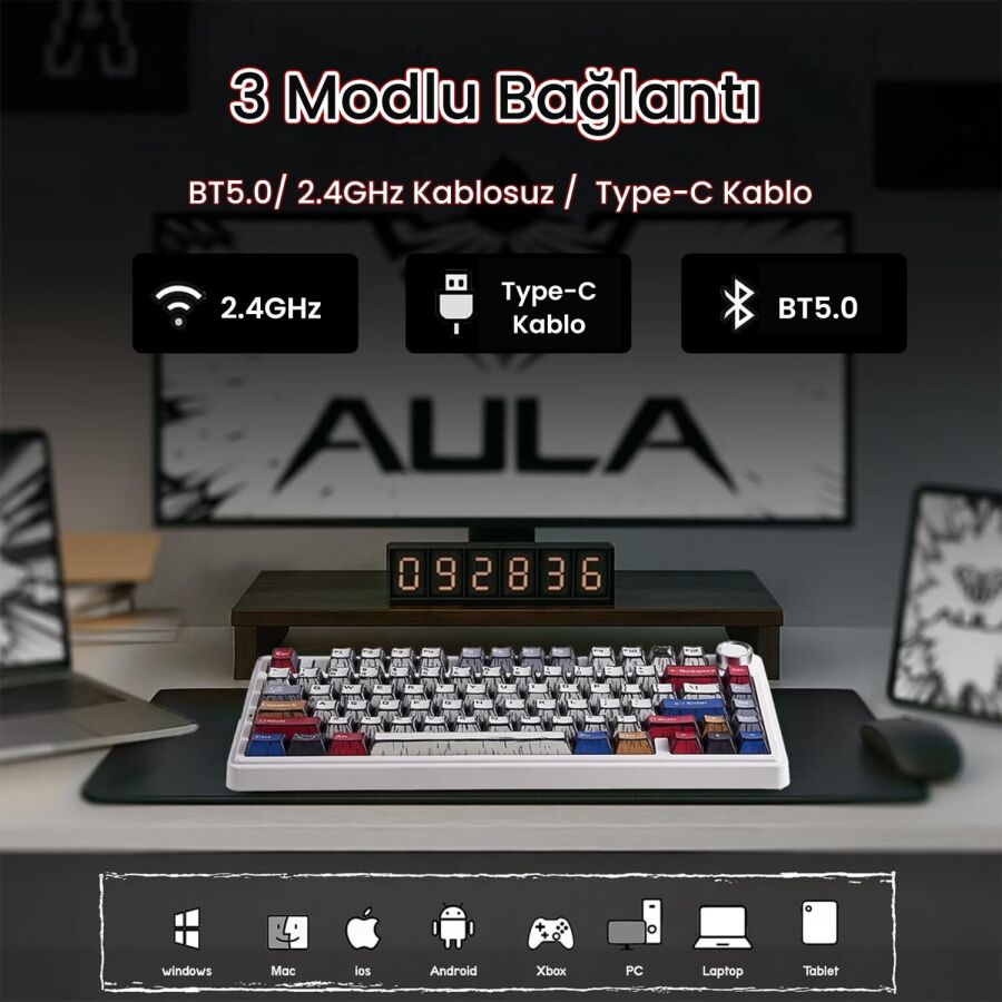Aula F75 Mekanik Kablosuz Oyuncu Klavyesi RGB TKL Reaper Switch Hot Swap Makrolu Comic Karikatür Tasarım