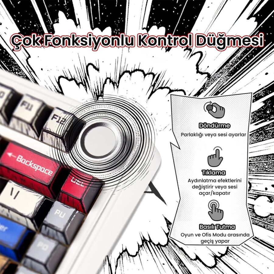 Aula F75 Mekanik Kablosuz Oyuncu Klavyesi RGB TKL Reaper Switch Hot Swap Makrolu Comic Karikatür Tasarım