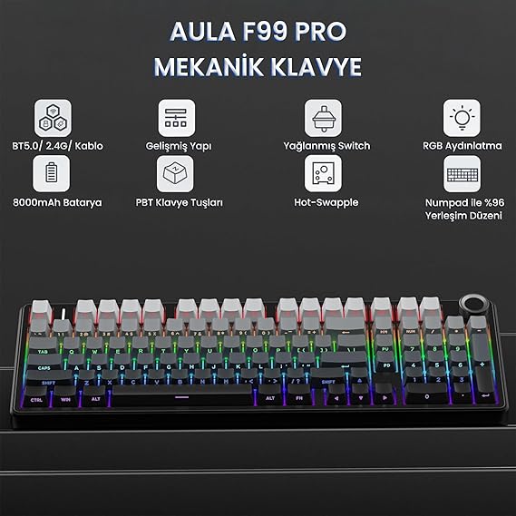 Aula F99 Pro 3 Modlu RGB Hot Swap Mekanik Nimbus V3 Switch Kablosuz Makrolu Klavye Gradyan Gri