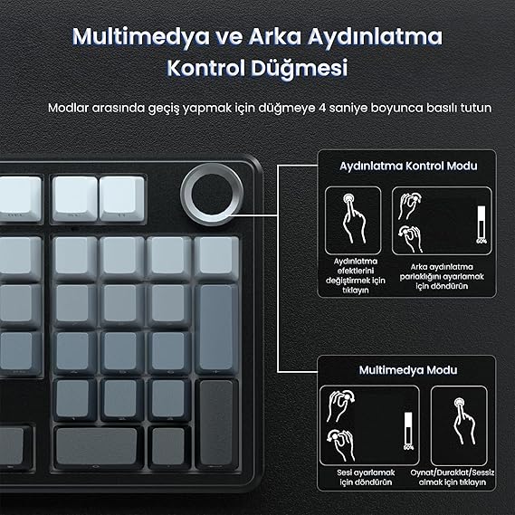 Aula F99 Pro 3 Modlu RGB Hot Swap Mekanik Nimbus V3 Switch Kablosuz Makrolu Klavye Gradyan Gri
