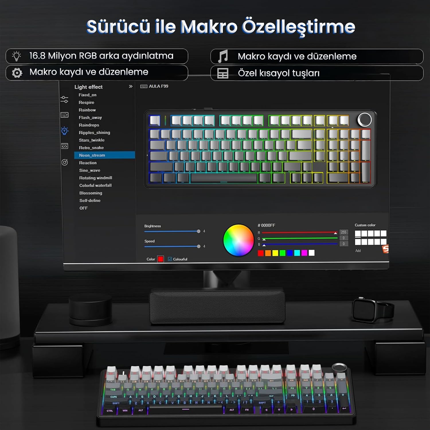 Aula F99 Pro 3 Modlu RGB Hot Swap Mekanik Nimbus V3 Switch Kablosuz Makrolu Klavye Gradyan Gri