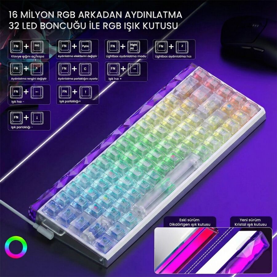 Aula Hero 68 He Manyetik Klavye Rapid Trigger Silver Switch 8000Hz RGB Neon TKL Hot Swap Oyuncu Klavyesi Şeffaf