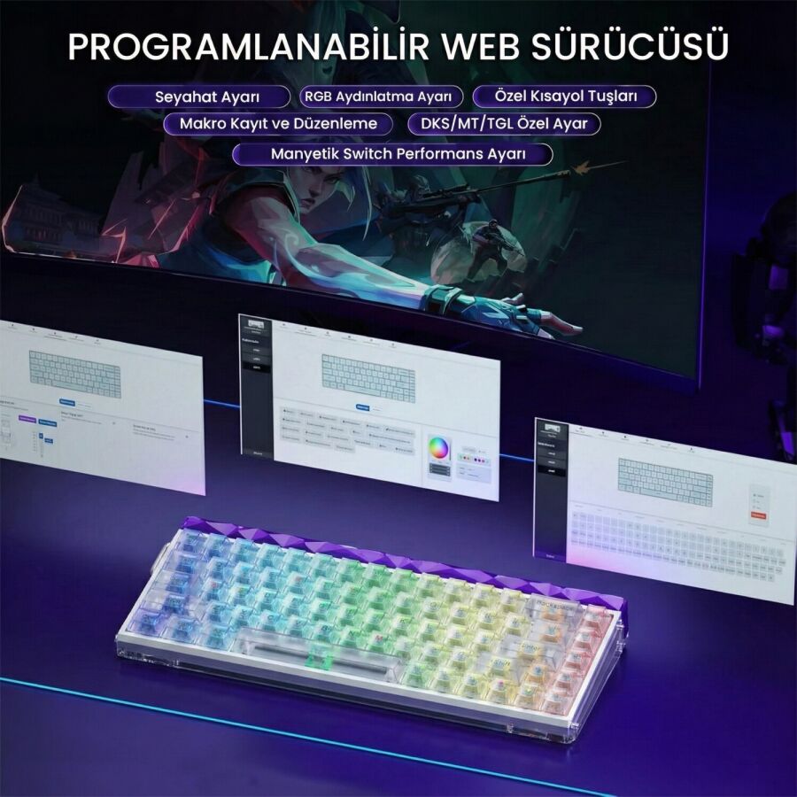 Aula Hero 68 He Manyetik Klavye Rapid Trigger Silver Switch 8000Hz RGB Neon TKL Hot Swap Oyuncu Klavyesi Şeffaf