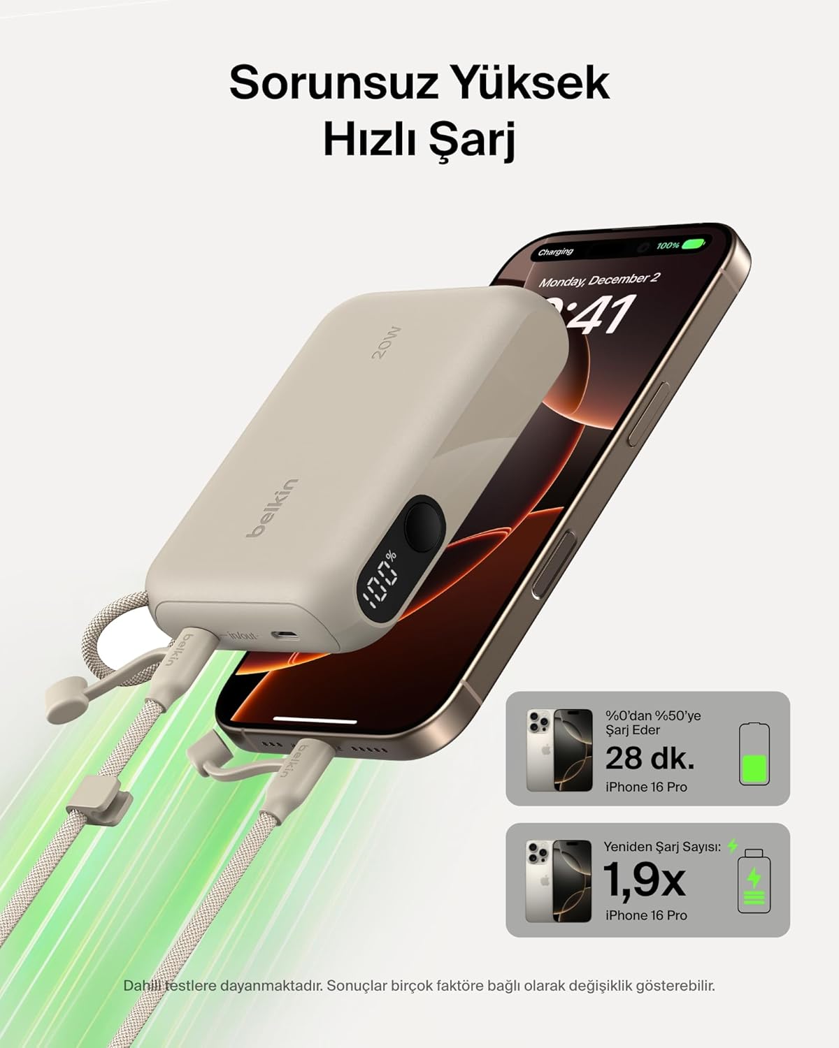 Belkin Taşınabilir Şarj Cihazı, 10K mAh USB-C İnce Güç Kaynağı, 2 USB-C Port, Dijital Pil Göstergesi, 20W Hızlı Şarj, iPhone 16, 15 Serisi, Samsung Galaxy S25, S24, Pixel 9, iPad ve Fazlası, Kum Rengi