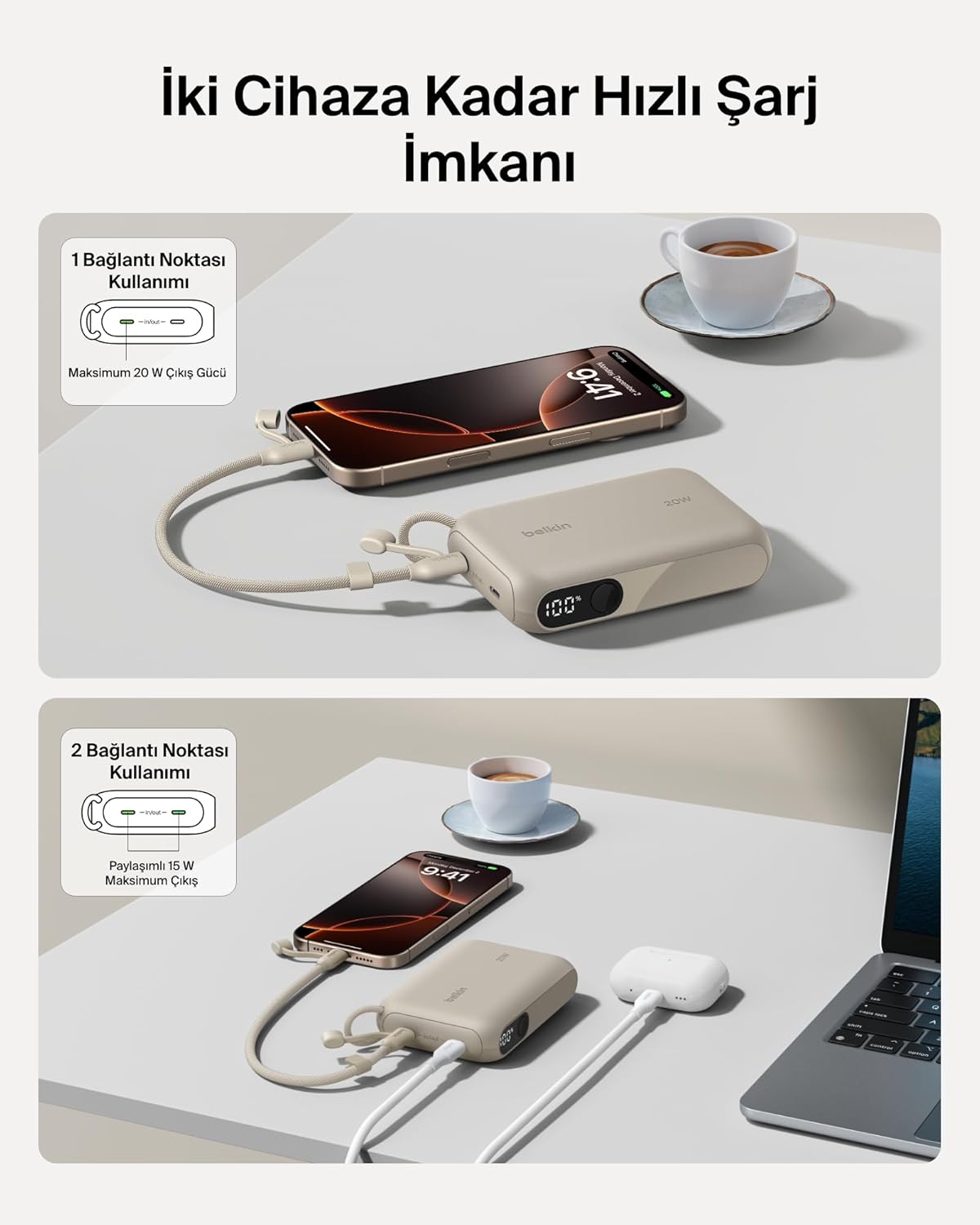 Belkin Taşınabilir Şarj Cihazı, 10K mAh USB-C İnce Güç Kaynağı, 2 USB-C Port, Dijital Pil Göstergesi, 20W Hızlı Şarj, iPhone 16, 15 Serisi, Samsung Galaxy S25, S24, Pixel 9, iPad ve Fazlası, Kum Rengi