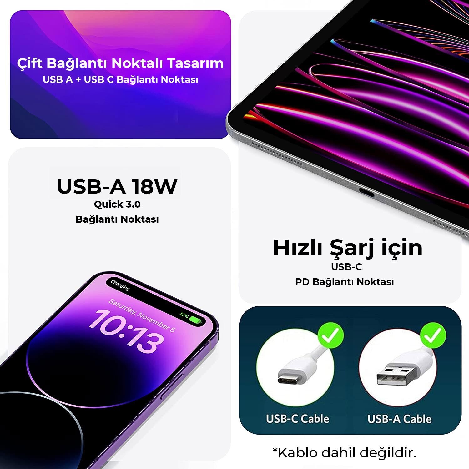 Bix ZH-2U41T 25W USB Type-C PD Çift Portlu Hızlı Şarj Cihazı Siyah