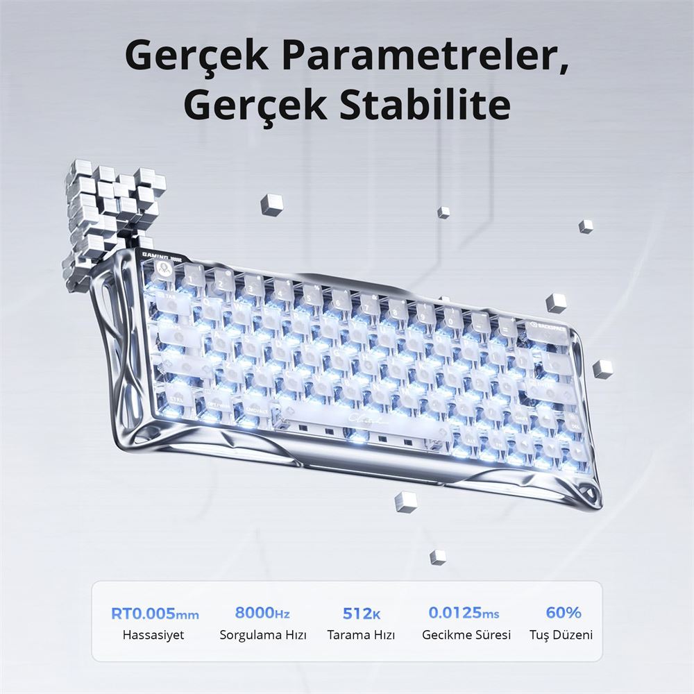 GravaStar Mercury V60 Pro Chrome Silver Deluxe Edition RGB %60 TKL UFO Magnetic Switch Kablolu Mekanik Oyuncu Klavyesi