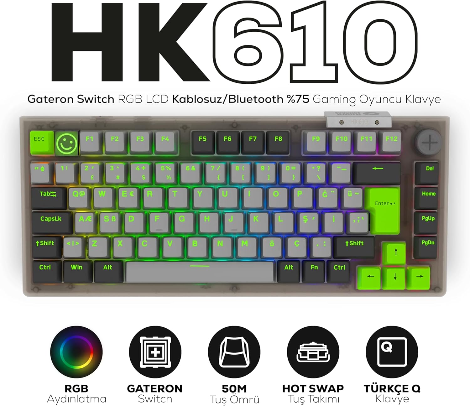 Hawk Gaming HK610 RGB TKL Gateron Switch Kablolu/Kablosuz Oyuncu Klavyesi