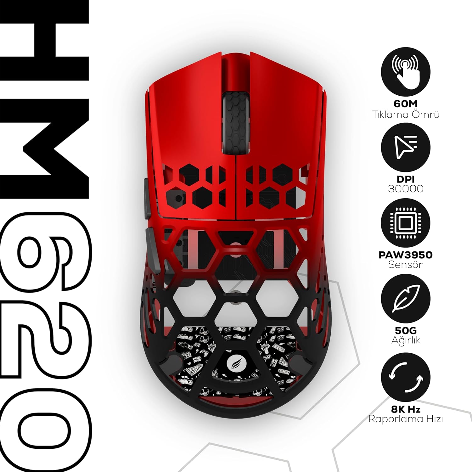 Hawk Gaming HM620 8K Hz 30000 DPI Tri-Mode Kablosuz/Bluetooth Siyah Kırmızı Gaming Mouse