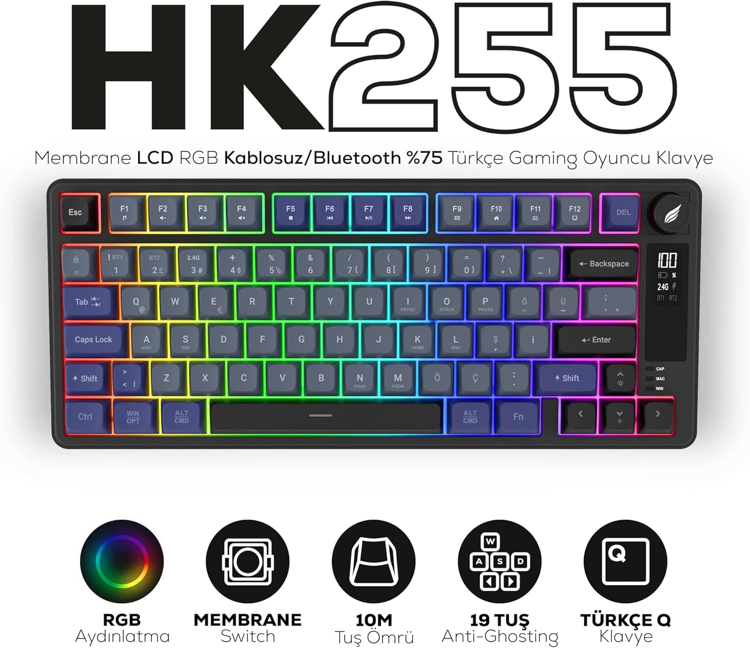 Hawk HK255 Membrane LCD RGB Kablosuz/Bluetooth Gri Mor %75 Türkçe Gaming Oyuncu Klavye