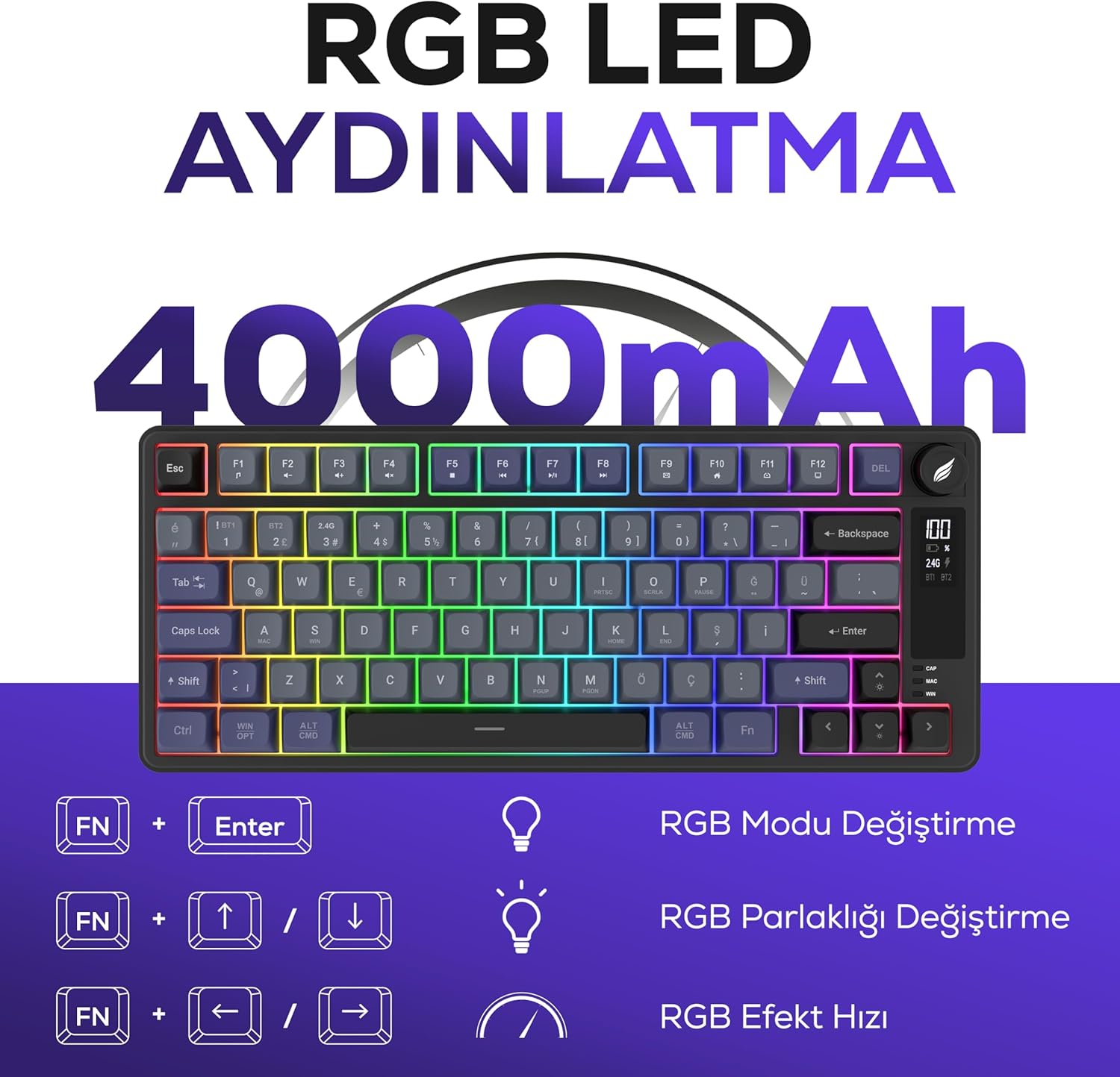 Hawk HK255 Membrane LCD RGB Kablosuz/Bluetooth Gri Mor %75 Türkçe Gaming Oyuncu Klavye