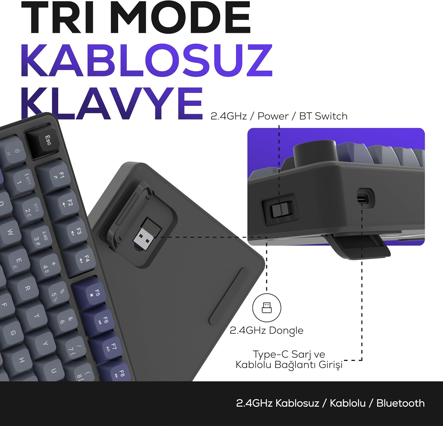 Hawk HK255 Membrane LCD RGB Kablosuz/Bluetooth Gri Mor %75 Türkçe Gaming Oyuncu Klavye