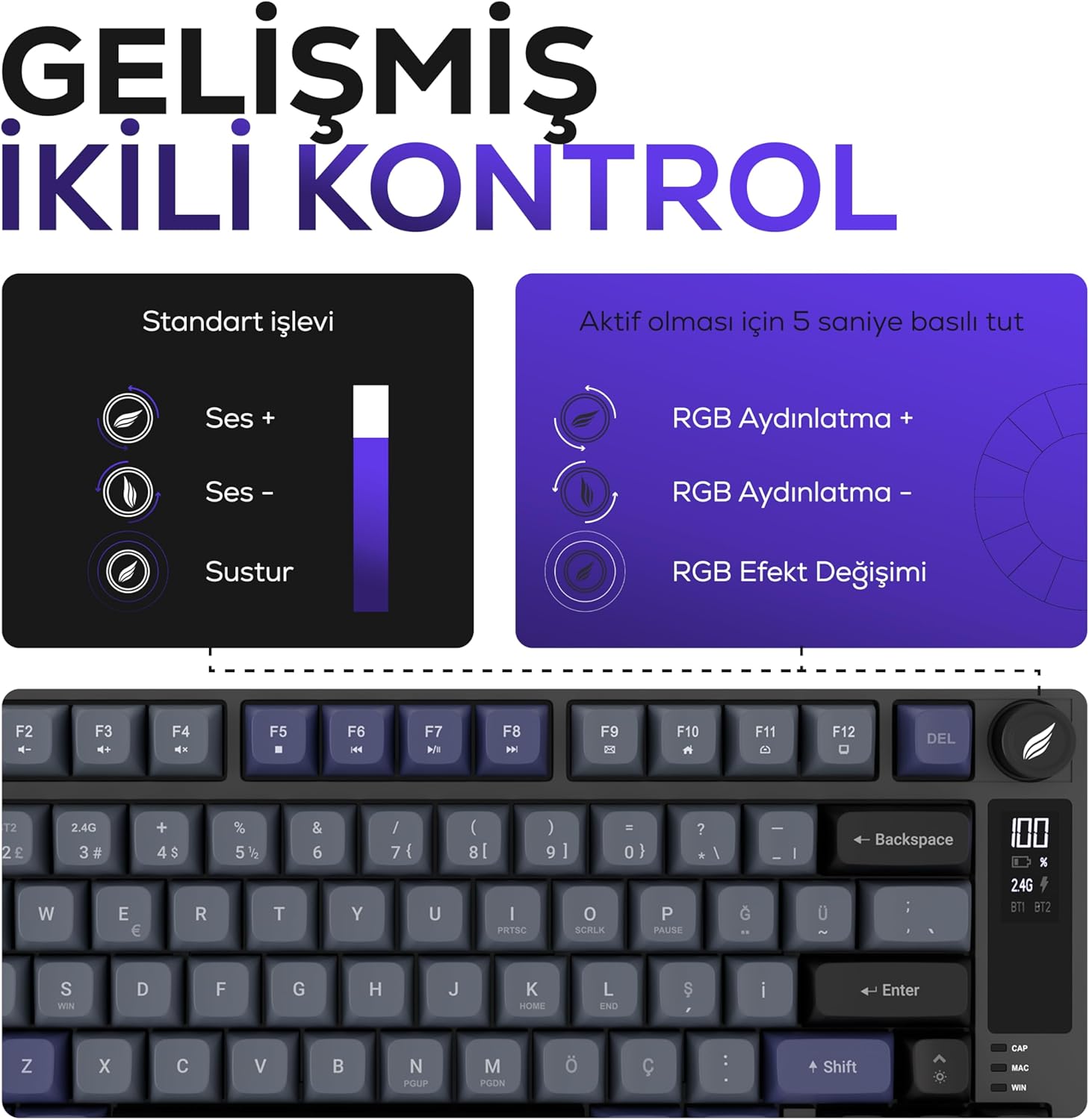 Hawk HK255 Membrane LCD RGB Kablosuz/Bluetooth Gri Mor %75 Türkçe Gaming Oyuncu Klavye