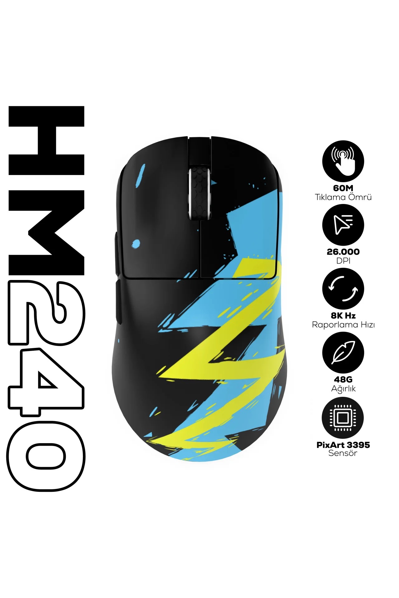 Hawk HM240 8K Hz 26000 DPI PixArt 3395 Tri-Mode Kablosuz/Bluetooth Siyah Gaming Mouse