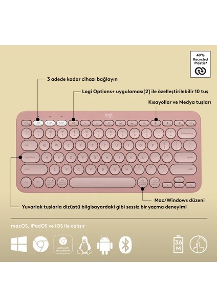 Logitech Pebble Keys 2 K380S 920-011861 Pembe TKL Q Kablosuz Klavye