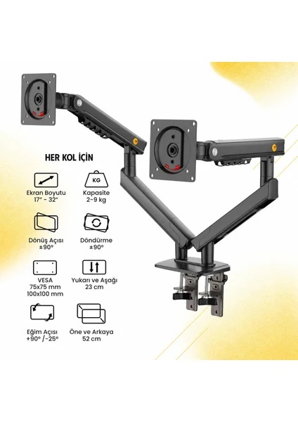 North Bayou A5C 17-32 inç İki Kollu Amortisörlü Monitör Standı