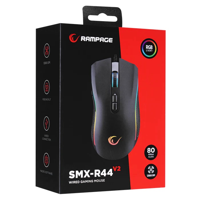 Rampage SMX-R44 V2 Makrolu Siyah 12800 DPI RGB Ledli 80 Million Huano Switch Gaming Oyuncu Mouse