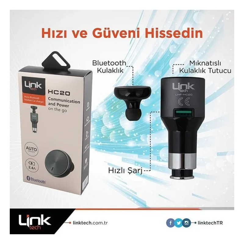 LINKTECH HC20 MONO BLUETOOTH HEADSET CAR CHARHER 2.4A ARAÇ İÇİ ŞARJ