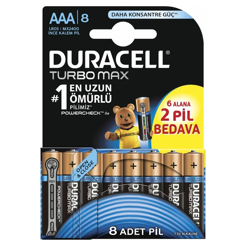 DURACELL ALKALİN TURBO MAX İNCE PİL 8'Lİ AAA 1,5 VOLT