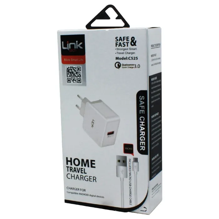 LINKTECH C525 SAFE MİCRO USB HIZLI ŞARJ CİHAZI Q.C 3.0 BEYAZ