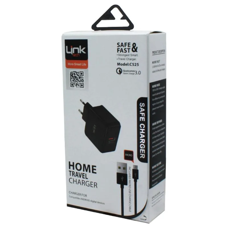 LINKTECH C525 SAFE MİCRO USB HIZLI ŞARJ CİHAZI Q.C 3.0 SİYAH