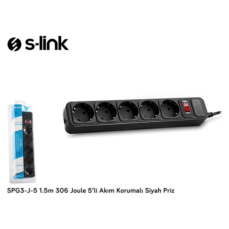 S-LİNK SPG3-J-5 1.5M 306JOULE 5Lİ AKIM KOR.SİYAH PRİZ
