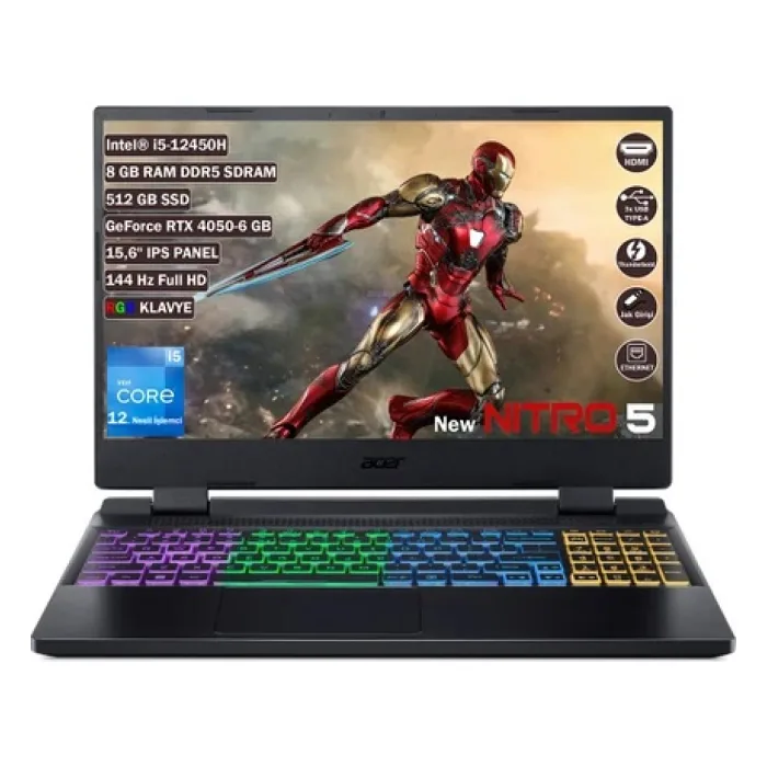 ACER NİTRO 5 AN515-58 INTEL CORE I5 12450H 8 GB 512 GB SSD RTX 4050 - 6 GB FREEDOS 15.6" FHD 144 HZ IPS