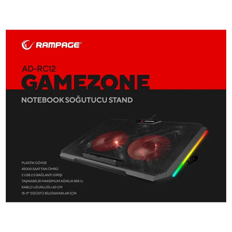 ADDİSON RAMPAGE AD-RC12 GAMEZONE SİYAH 2 FAN 2 USB RGB IŞIKLI 15"-17" NOTEBOOK SOĞUTUCU STAND