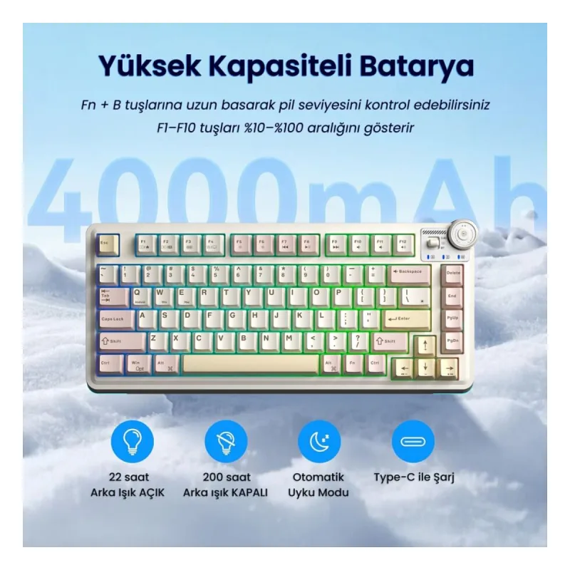 Aula AU75 3 Modlu Mekanik Gaming Kablosuz Klavye RGB TKL Bloomfield Switch Hot Swap Makrolu Oyuncu Klavyesi Krem