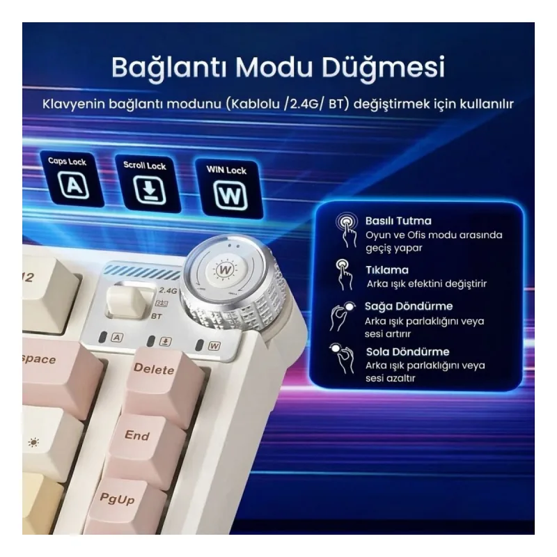 Aula AU75 3 Modlu Mekanik Gaming Kablosuz Klavye RGB TKL Bloomfield Switch Hot Swap Makrolu Oyuncu Klavyesi Krem