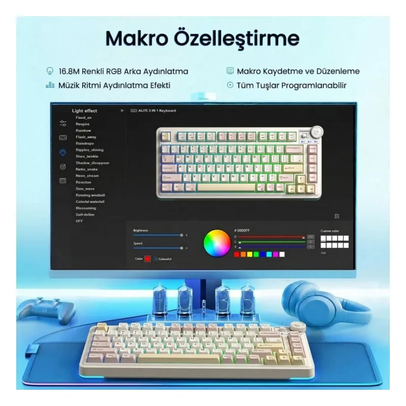 Aula AU75 3 Modlu Mekanik Gaming Kablosuz Klavye RGB TKL Bloomfield Switch Hot Swap Makrolu Oyuncu Klavyesi Krem