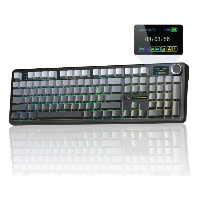 Aula F108 Pro Ekranlı Mekanik Klavye Zephyr Switch RGB Hot Swap 8000mAh Makrolu Oyuncu Klavyesi Gri