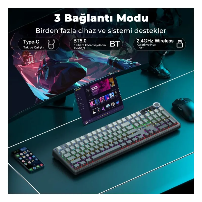 Aula F108 Pro Ekranlı Mekanik Klavye Zephyr Switch RGB Hot Swap 8000mAh Makrolu Oyuncu Klavyesi Gri