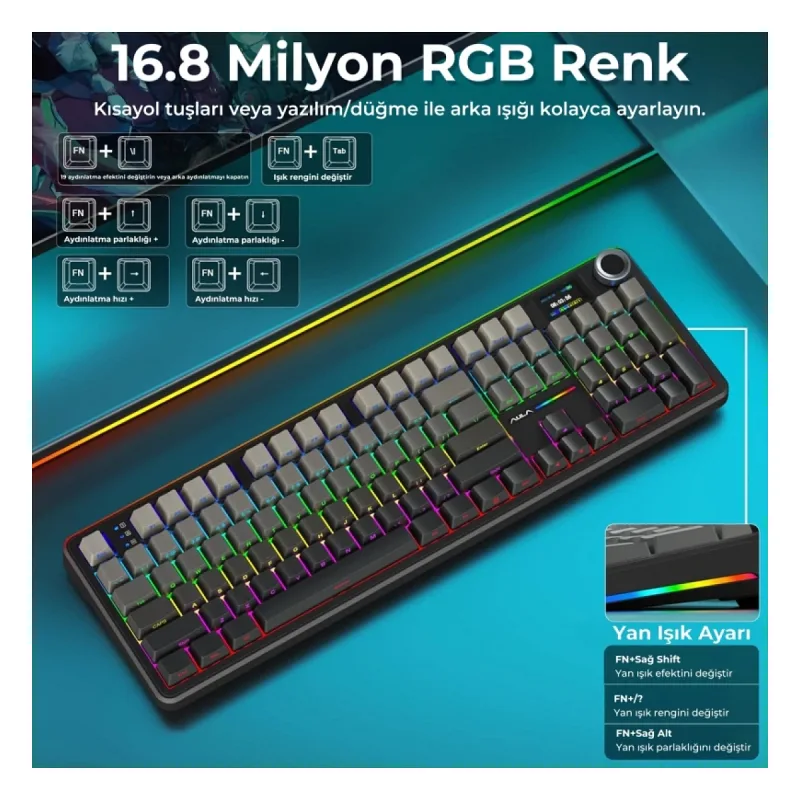 Aula F108 Pro Ekranlı Mekanik Klavye Zephyr Switch RGB Hot Swap 8000mAh Makrolu Oyuncu Klavyesi Gri