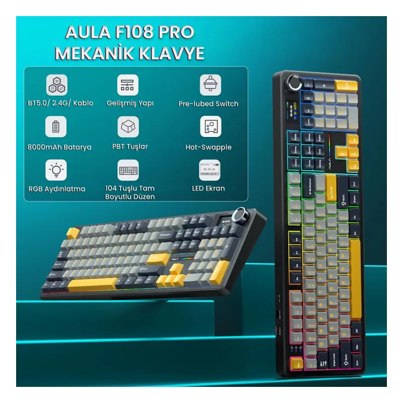 Aula F108 Pro Ekranlı Mekanik Klavye Reaper Switch RGB Hot Swap 8000mAh Makrolu Oyuncu Klavyesi Siyah