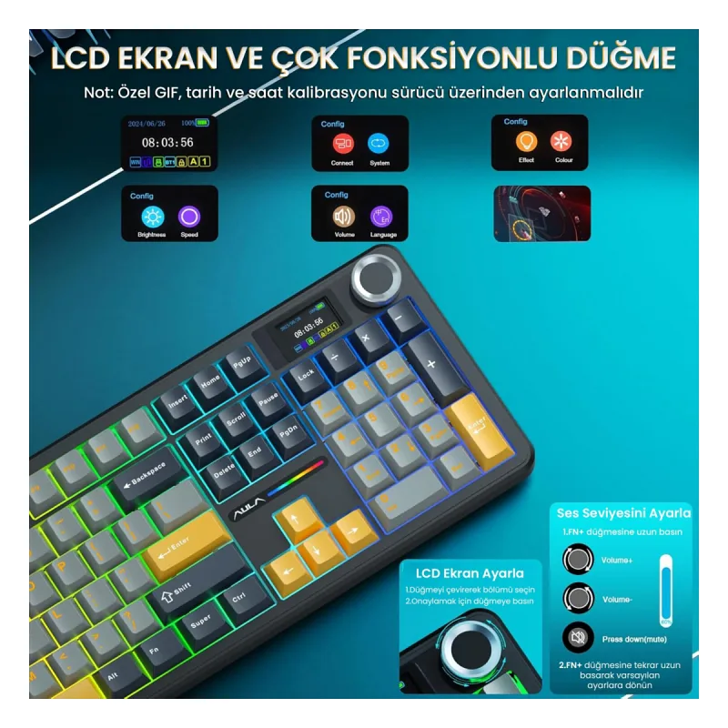 Aula F108 Pro Ekranlı Mekanik Klavye Reaper Switch RGB Hot Swap 8000mAh Makrolu Oyuncu Klavyesi Siyah