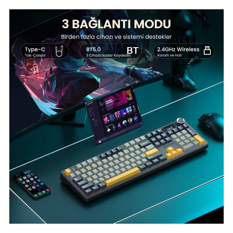 Aula F108 Pro Ekranlı Mekanik Klavye Reaper Switch RGB Hot Swap 8000mAh Makrolu Oyuncu Klavyesi Siyah
