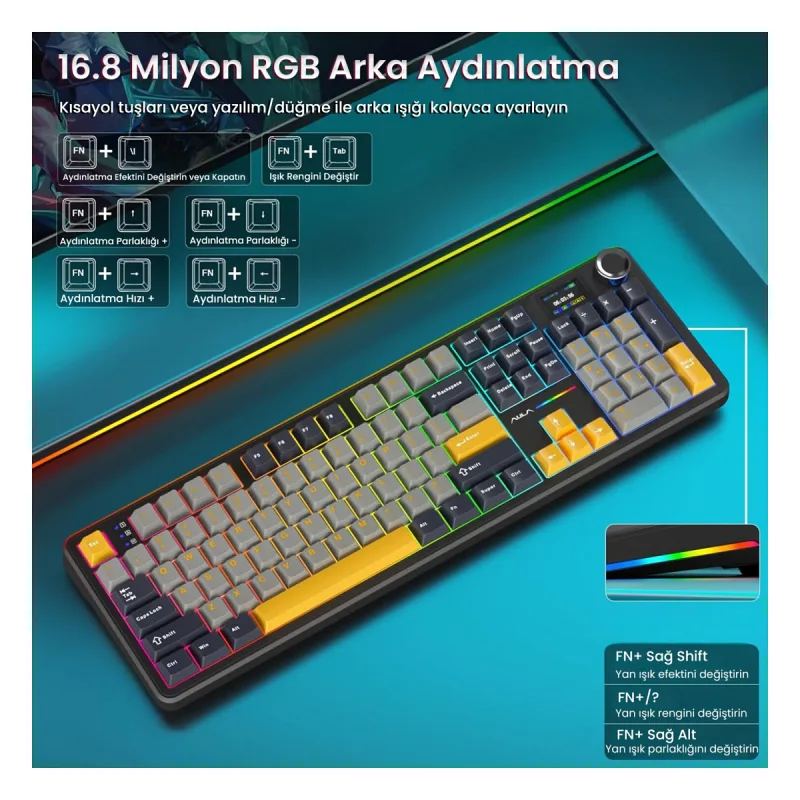 Aula F108 Pro Ekranlı Mekanik Klavye Reaper Switch RGB Hot Swap 8000mAh Makrolu Oyuncu Klavyesi Siyah