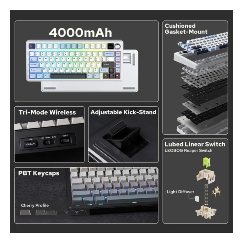 Aula F75 Max Mekanik RGB TKL Reaper Switch Kablosuz Makrolu Hot Swap Klavye Lacivert