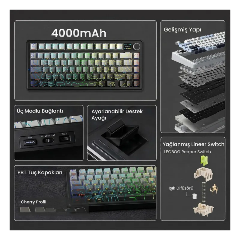 Aula F75 Max Mekanik RGB TKL Reaper Switch Kablosuz Makrolu Hot Swap Klavye Desenli Gri