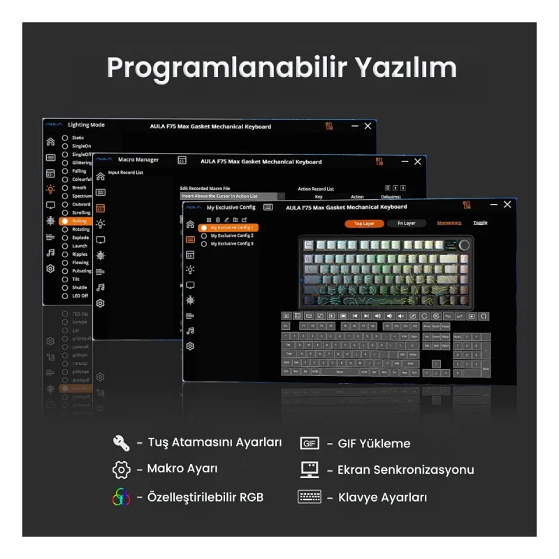 Aula F75 Max Mekanik RGB TKL Reaper Switch Kablosuz Makrolu Hot Swap Klavye Desenli Gri