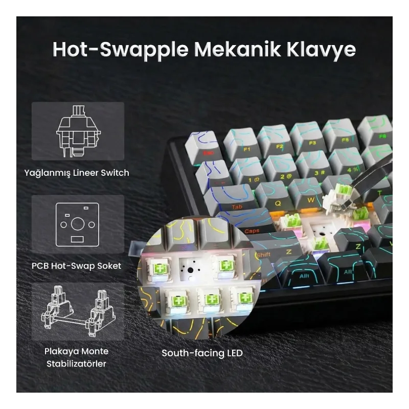 Aula F75 Max Mekanik RGB TKL Reaper Switch Kablosuz Makrolu Hot Swap Klavye Desenli Gri
