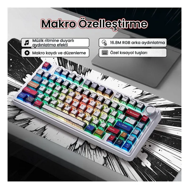 Aula F75 Mekanik Kablosuz Oyuncu Klavyesi RGB TKL Reaper Switch Hot Swap Makrolu Comic Karikatür Tasarım
