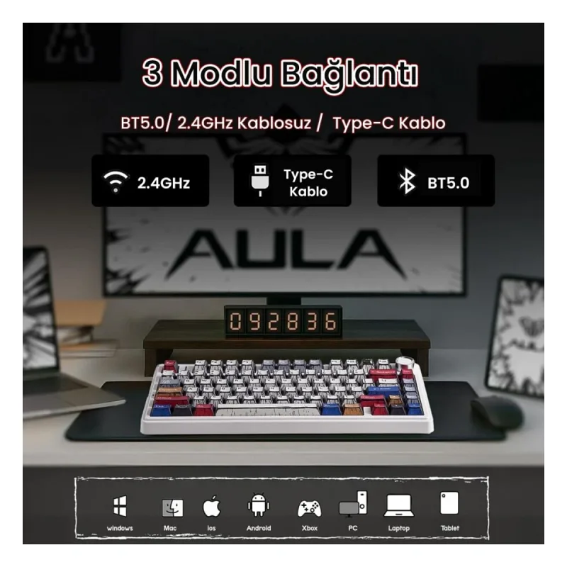 Aula F75 Mekanik Kablosuz Oyuncu Klavyesi RGB TKL Reaper Switch Hot Swap Makrolu Comic Karikatür Tasarım